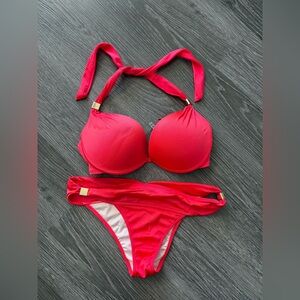 Victoria Secret 2 piece bikini. Neon Pink/red. Size 34 D push-up